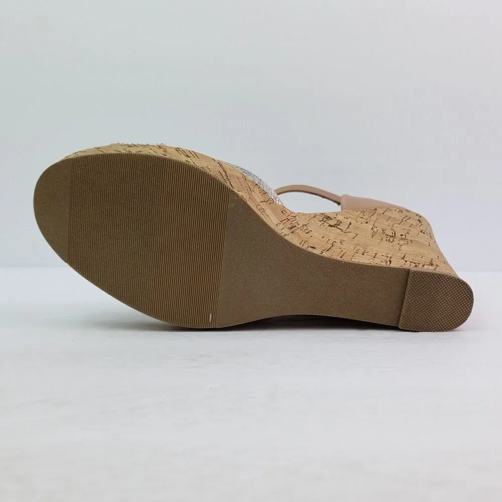 Material Girl Bretta Womens Size 9.5 Nude Bling Open Toe Cork Wedge Sandal Shoes
